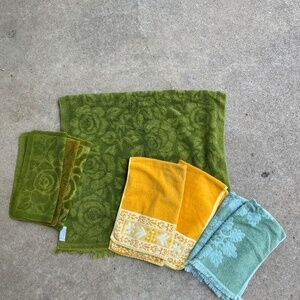 Vintage MCM towel lot. Greens and yellow. Cannon, FieldCrest, and Stevens